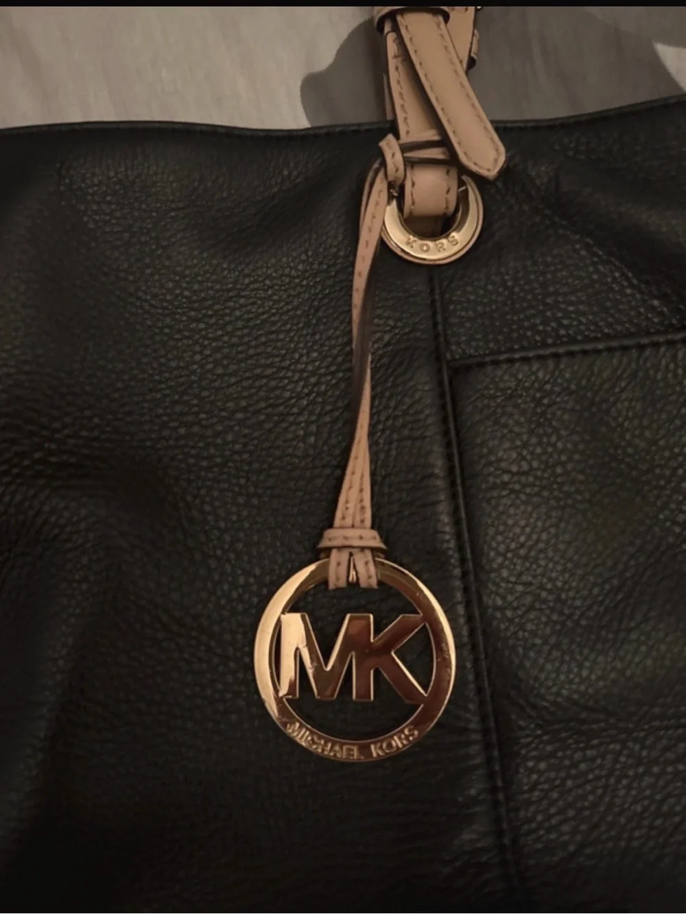 Michael Kors Black Pebbled Leather Tote with Tan Handles and Gold MK Charm